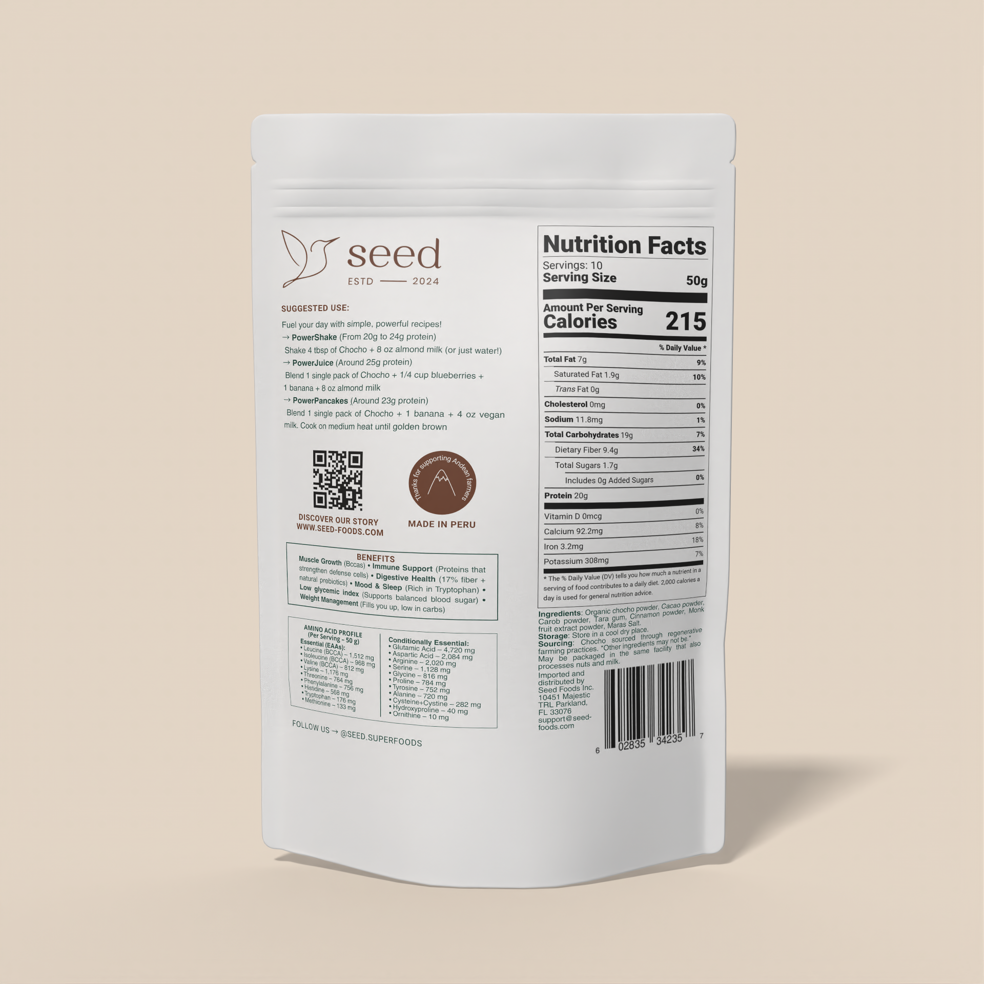 Blend de Tarwi Cacao 500g | 7 ingredientes andinos formulados para rendir y saber bien, sin lactosa ni azúcar refinada